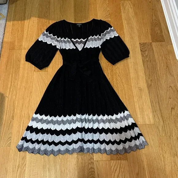 New Bebe Black/Grey/Silver Metallic Thread w/¾ Sleeves Midi Dress, Size L (NWOT) - Picture 4 of 12